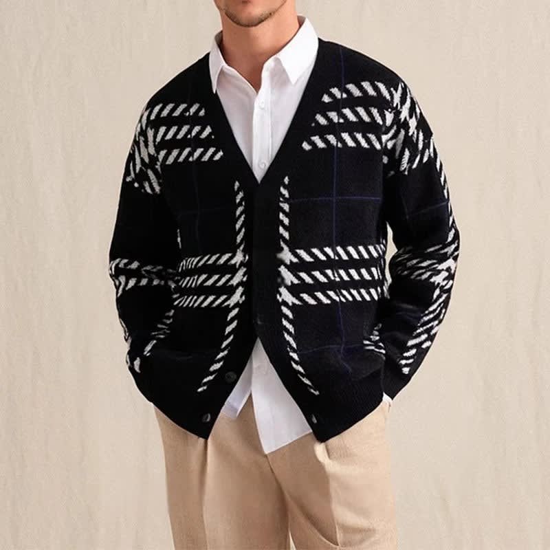 Men's Checked V-Neck Knit Cardigan | Sid_3