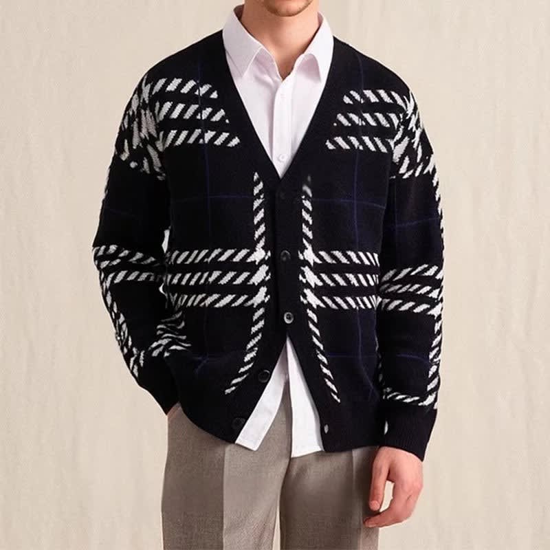 Men's Checked V-Neck Knit Cardigan | Sid_4