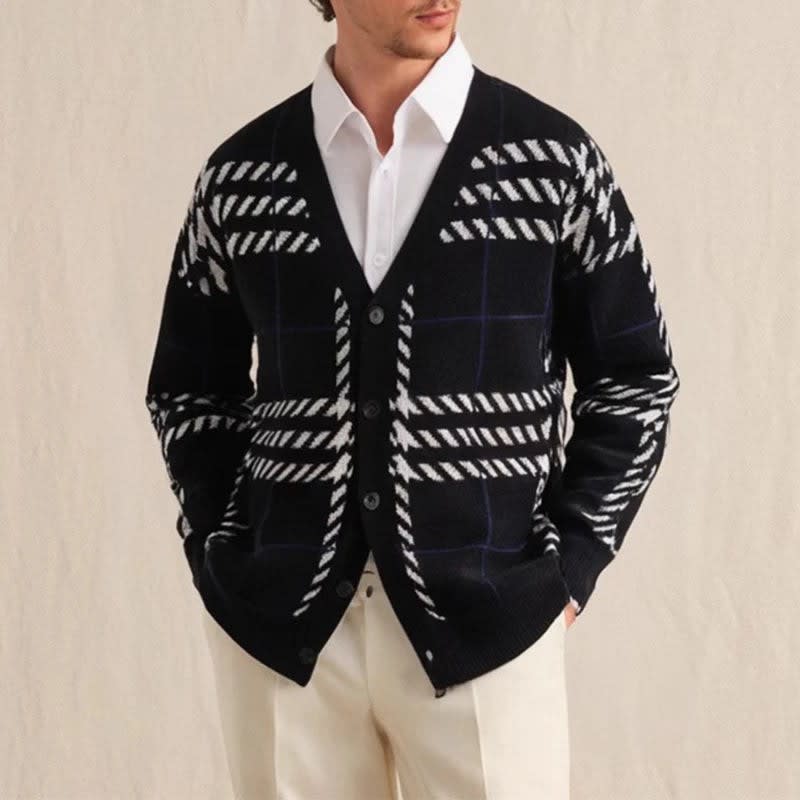 Men's Checked V-Neck Knit Cardigan | Sid_5