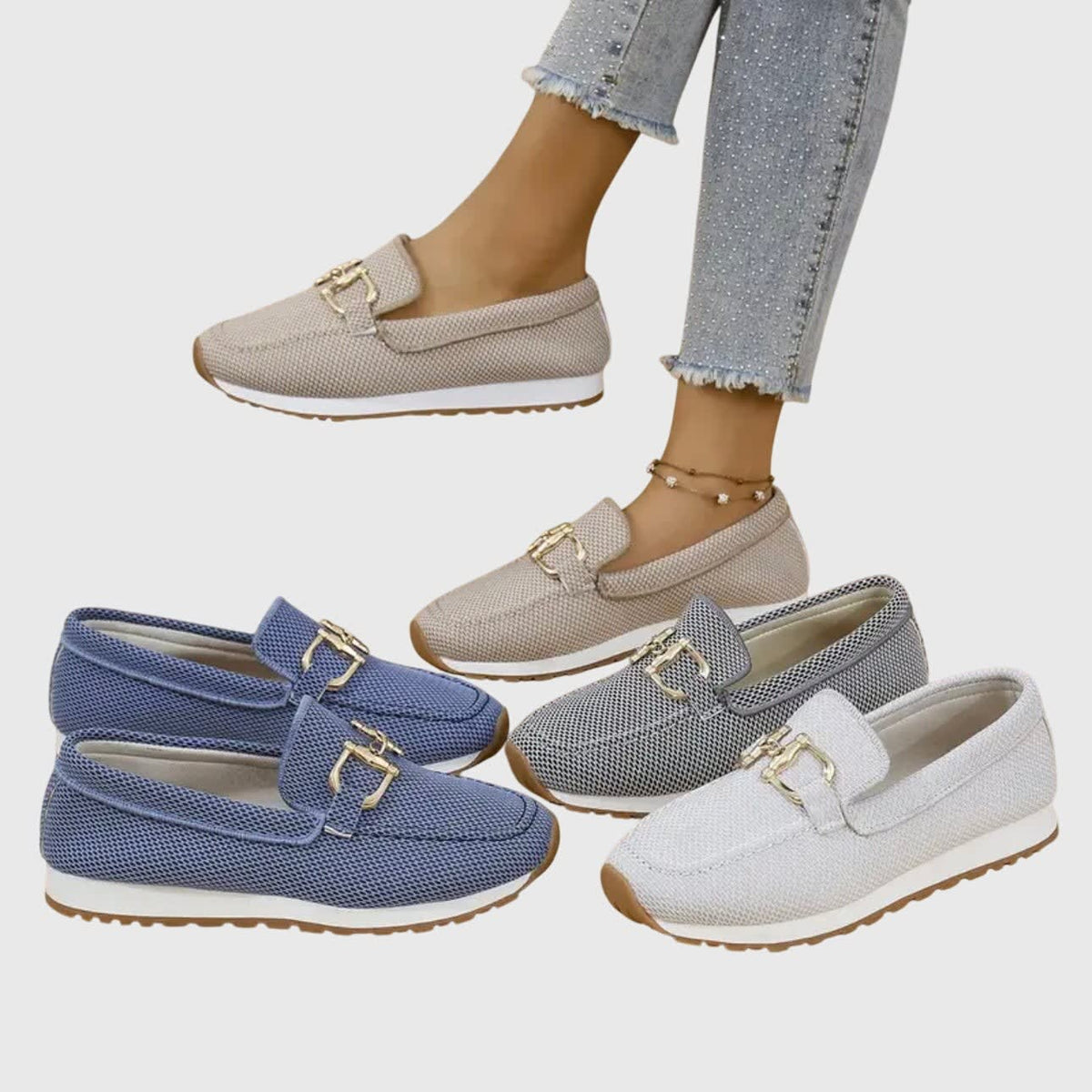 Women's Mesh Gold Buckle Orthopedic Loafers | Mara_10