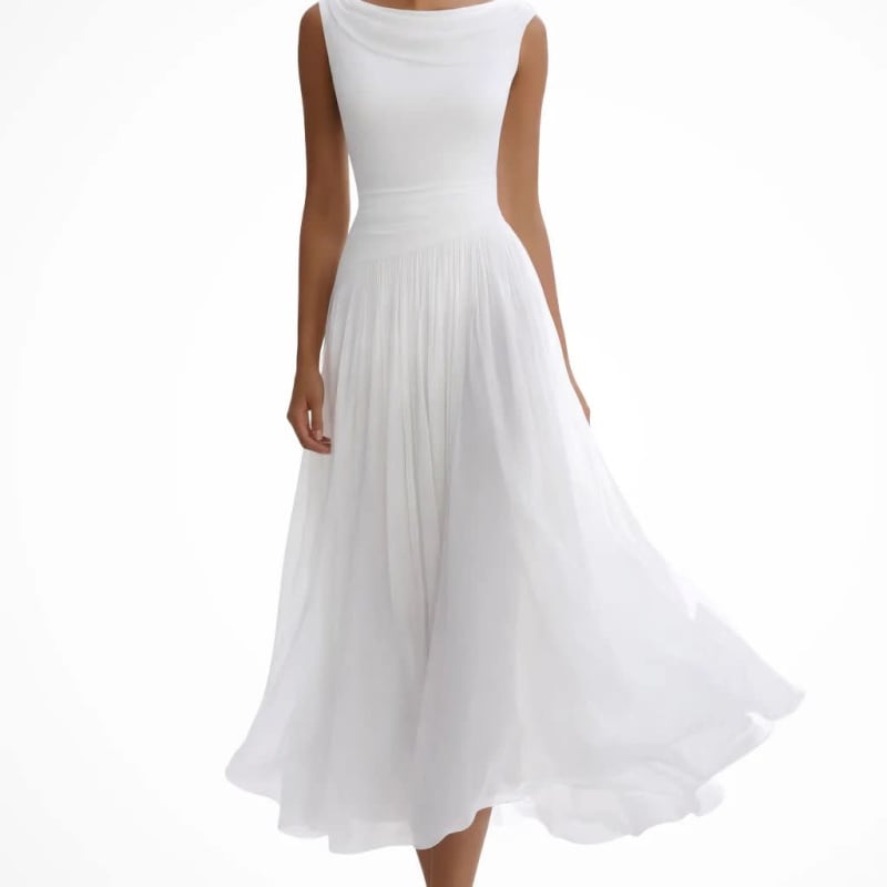 Women's Cowl Neck Pleated Wedding Guest Midi Dress | Emma Claire_1
