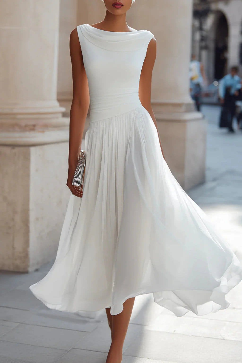 Women's Cowl Neck Pleated Wedding Guest Midi Dress | Emma Claire_3