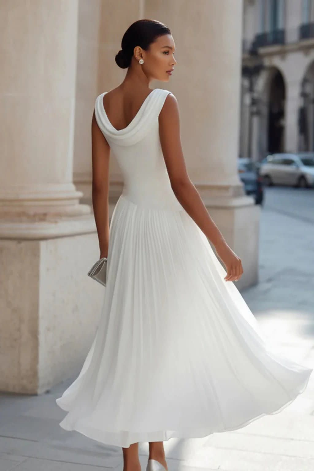 Women's Cowl Neck Pleated Wedding Guest Midi Dress | Emma Claire_5