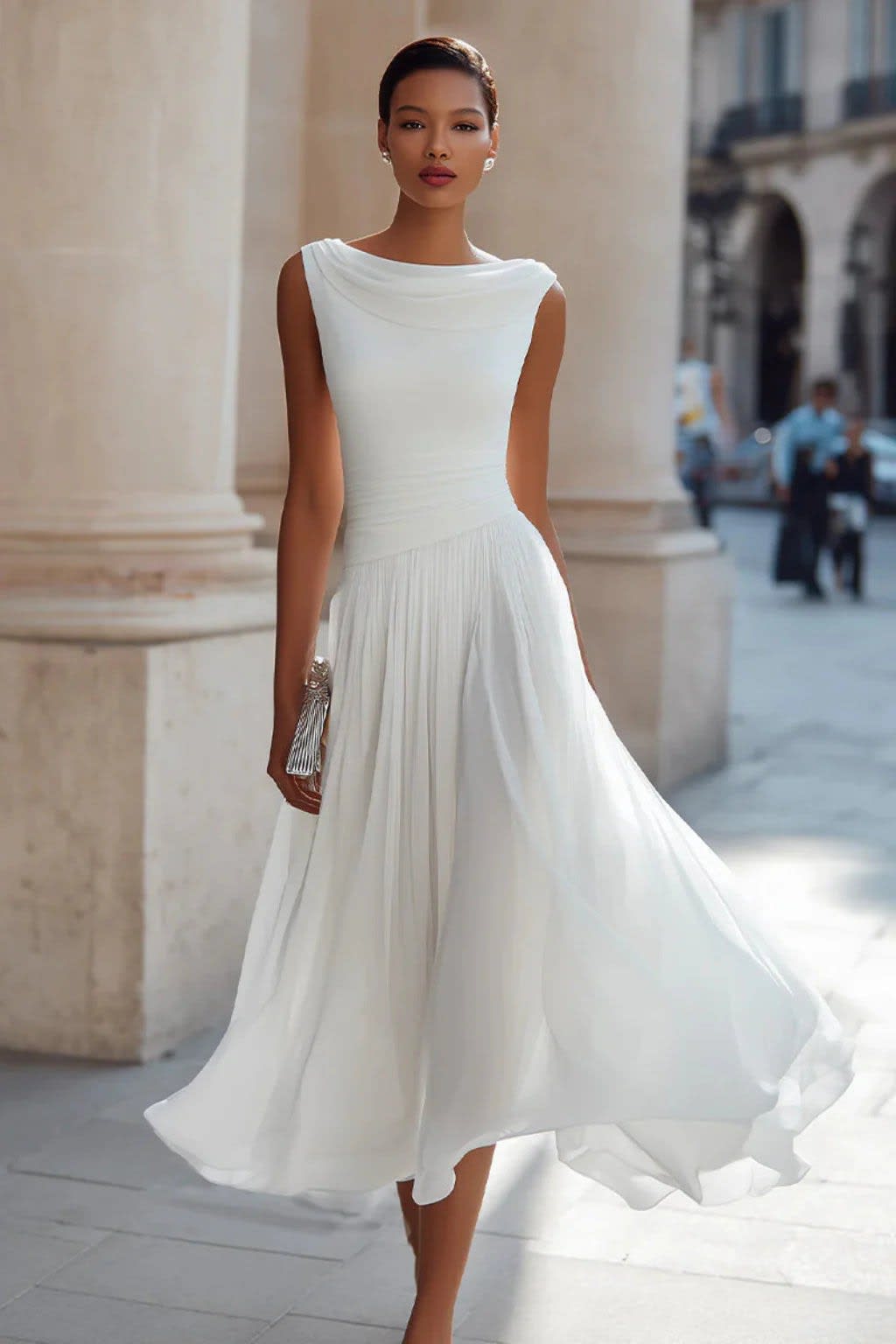 Women's Cowl Neck Pleated Wedding Guest Midi Dress | Emma Claire_6