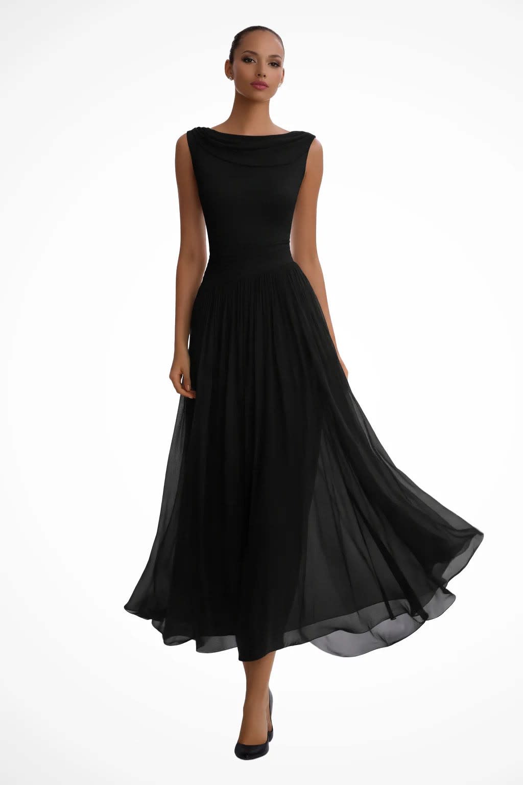 Women's Cowl Neck Pleated Wedding Guest Midi Dress | Emma Claire_7