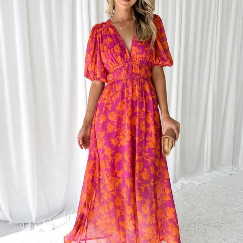 Women's Floral Puff Sleeve Wedding Guest Maxi Dress | Taylor Rivera_1