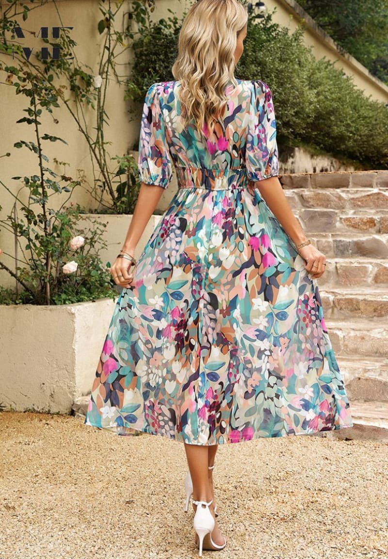 Women's Floral Print Wedding Guest Midi Dress with Puff Sleeves | Kayla Anderson_3