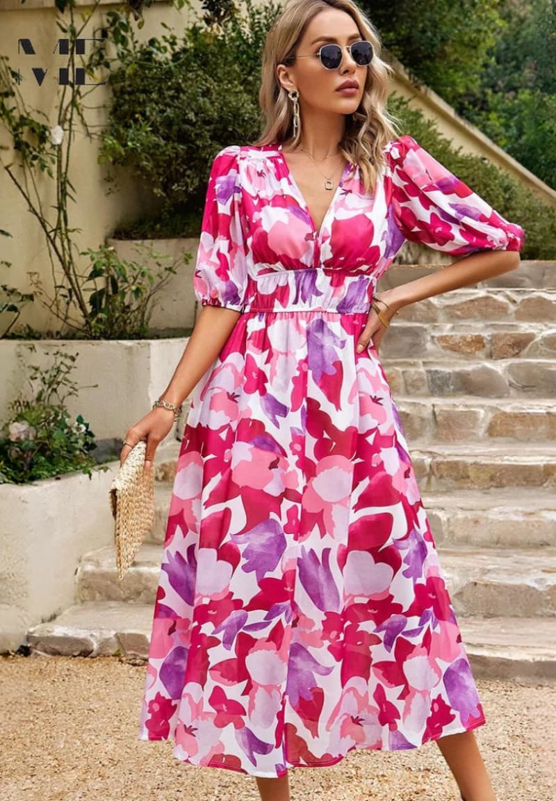 Women's Floral Print Wedding Guest Midi Dress with Puff Sleeves | Kayla Anderson_7