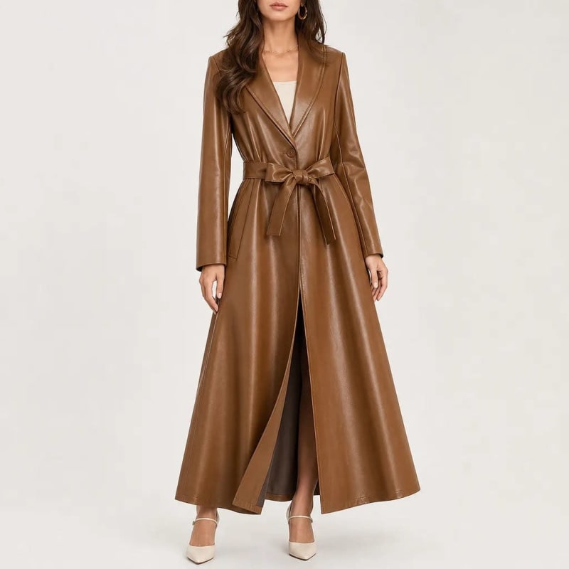 Women's Faux Leather Belted Trench Coat | Aurora_1