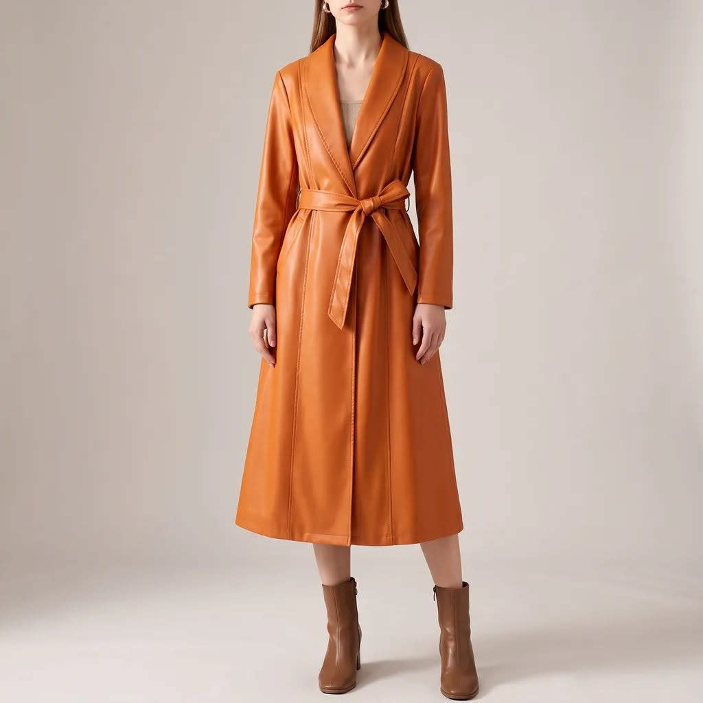 Women's Faux Leather Belted Trench Coat | Aurora_5