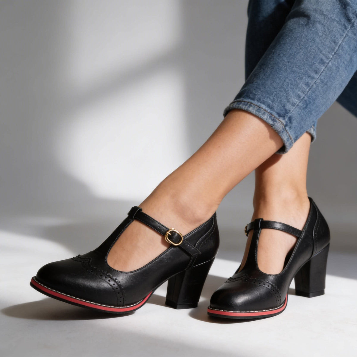 Women's Brogue T-Bar Block Heels | Charis_3