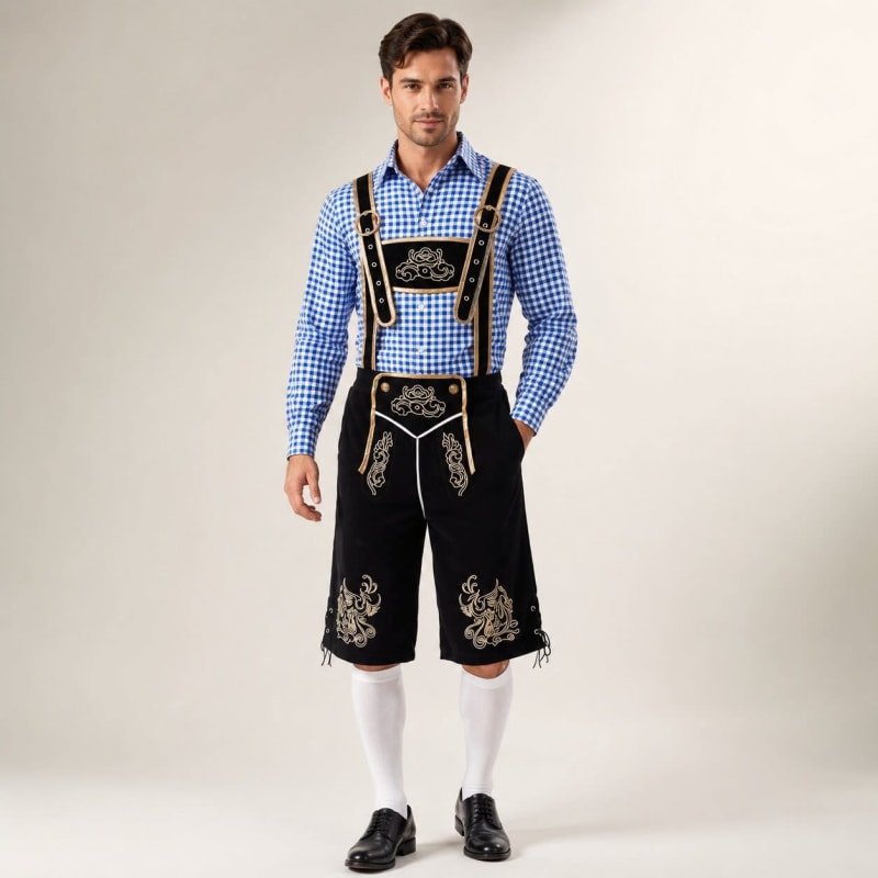 Men's 3 Piece Lederhosen Set with Checked Shirt and Hat | Ailean_1