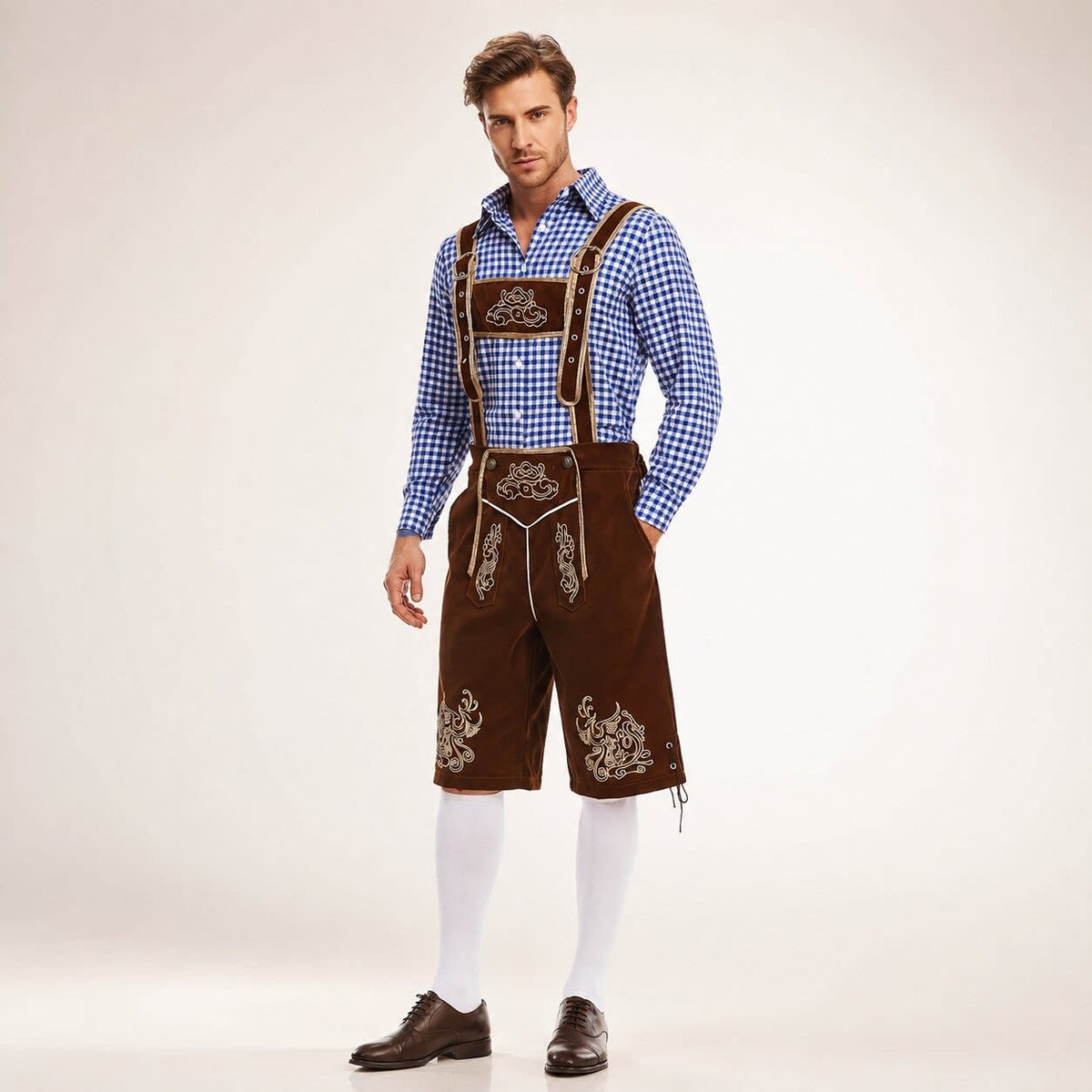Men's 3 Piece Lederhosen Set with Checked Shirt and Hat | Ailean_15