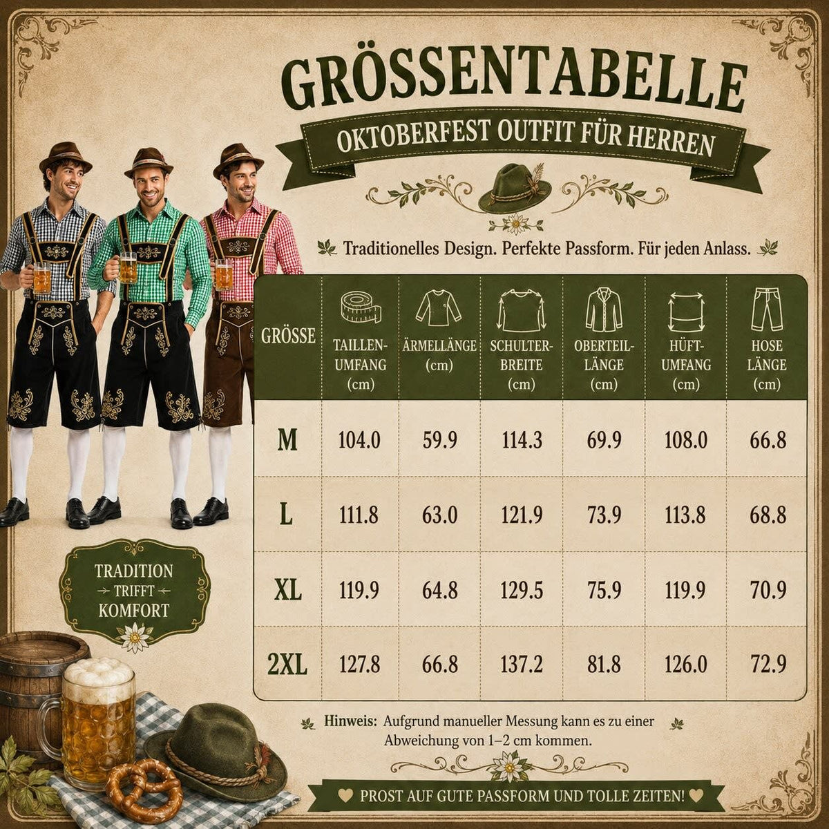 Men's 3 Piece Lederhosen Set with Checked Shirt and Hat | Ailean_17