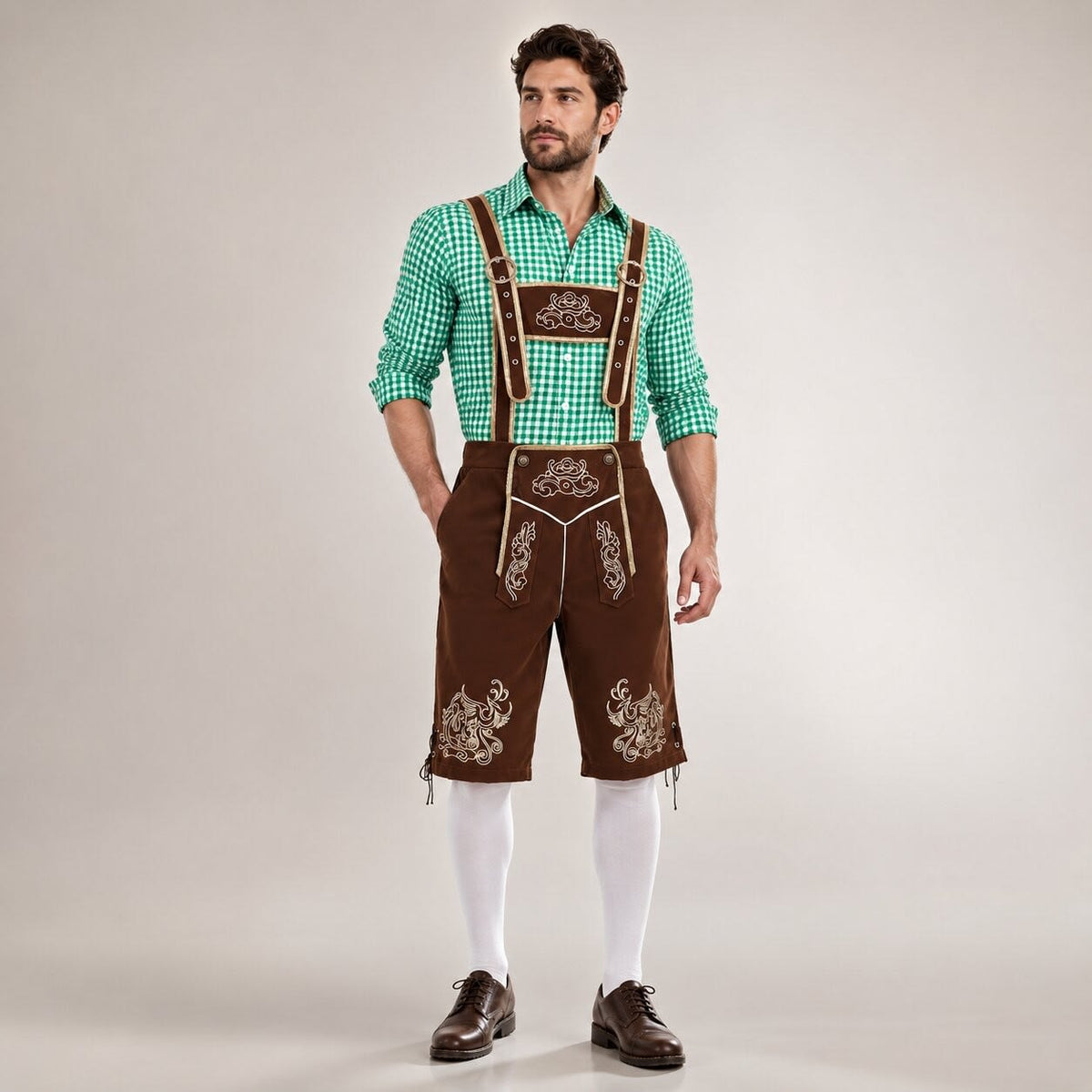 Men's 3 Piece Lederhosen Set with Checked Shirt and Hat | Ailean_7