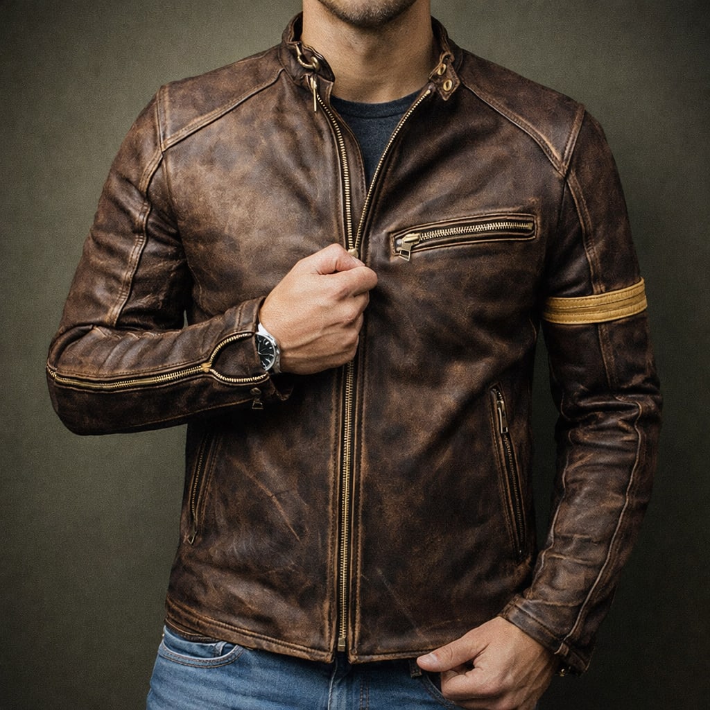 Men's Distressed Leather Biker Jacket | Dorian_7