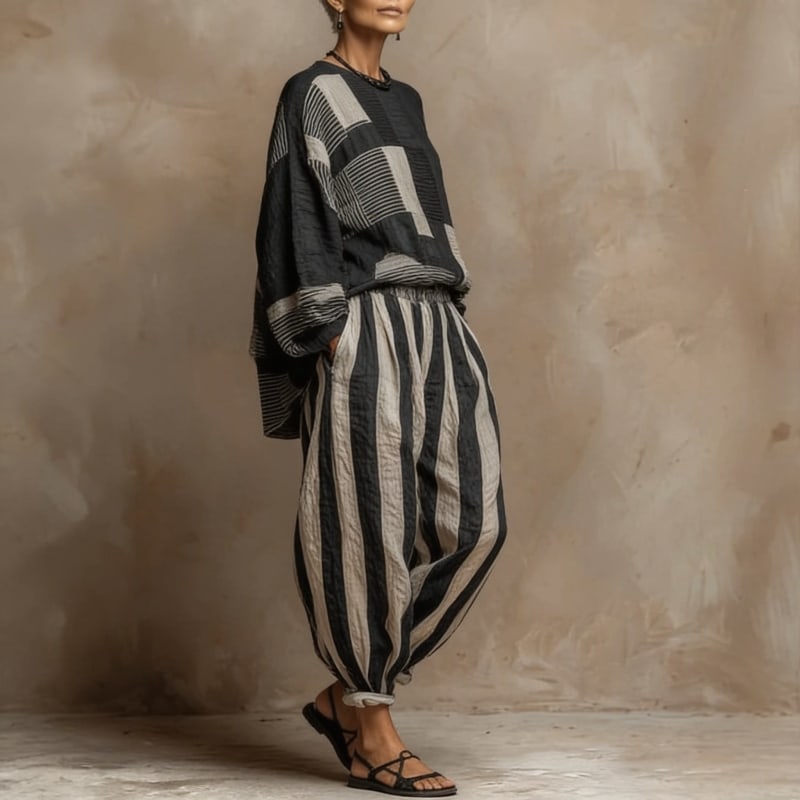 Women's Striped Color Block Loose Fit Set | Melody_1