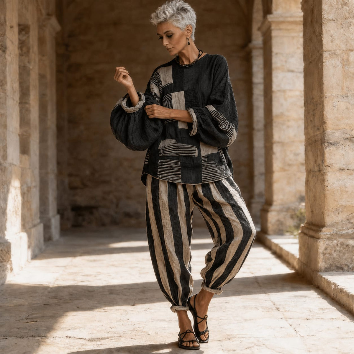 Women's Striped Color Block Loose Fit Set | Melody_4