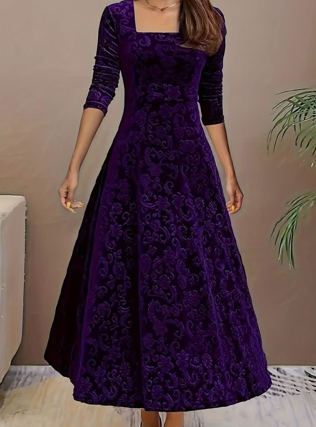 Women's Velvet Square Neck Midi Party Dress | Tara_3