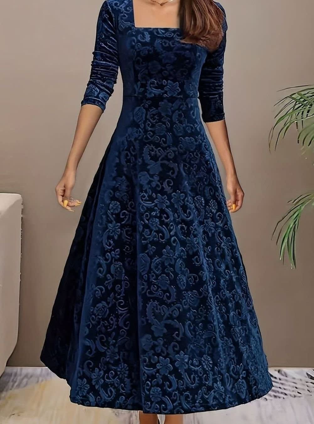 Women's Velvet Square Neck Midi Party Dress | Tara_4