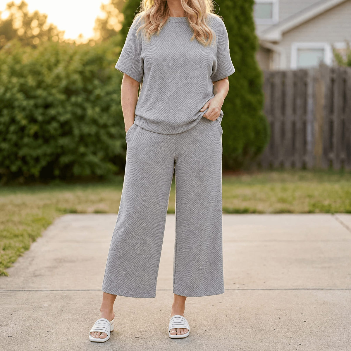 Women's Textured Knit Cropped Trouser Set | Mandy_18