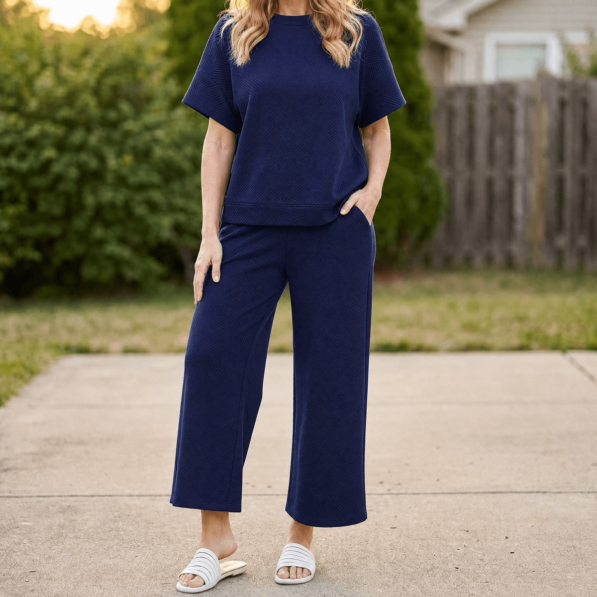 Women's Textured Knit Cropped Trouser Set | Mandy_19