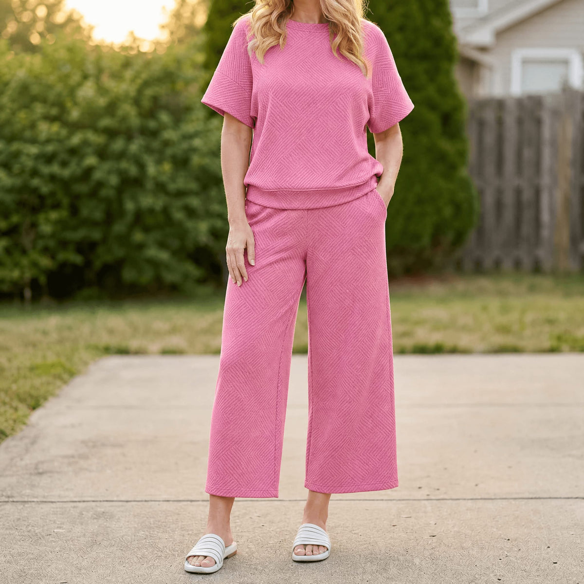 Women's Textured Knit Cropped Trouser Set | Mandy_22
