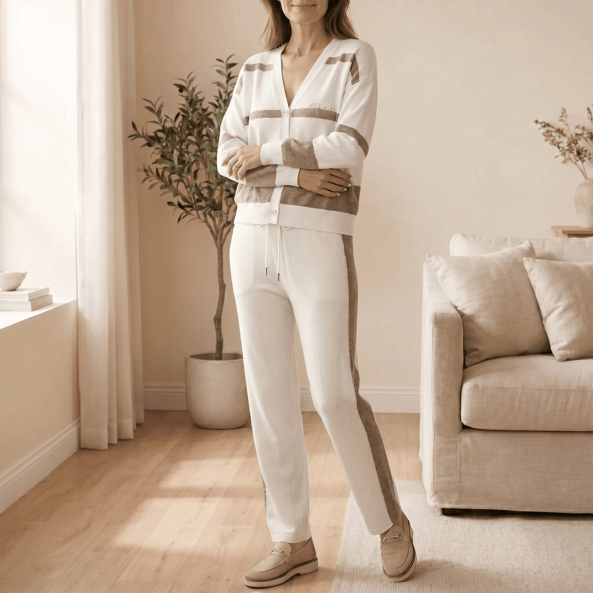Women's Striped Knit Cardigan Trouser Set | Glynis_11