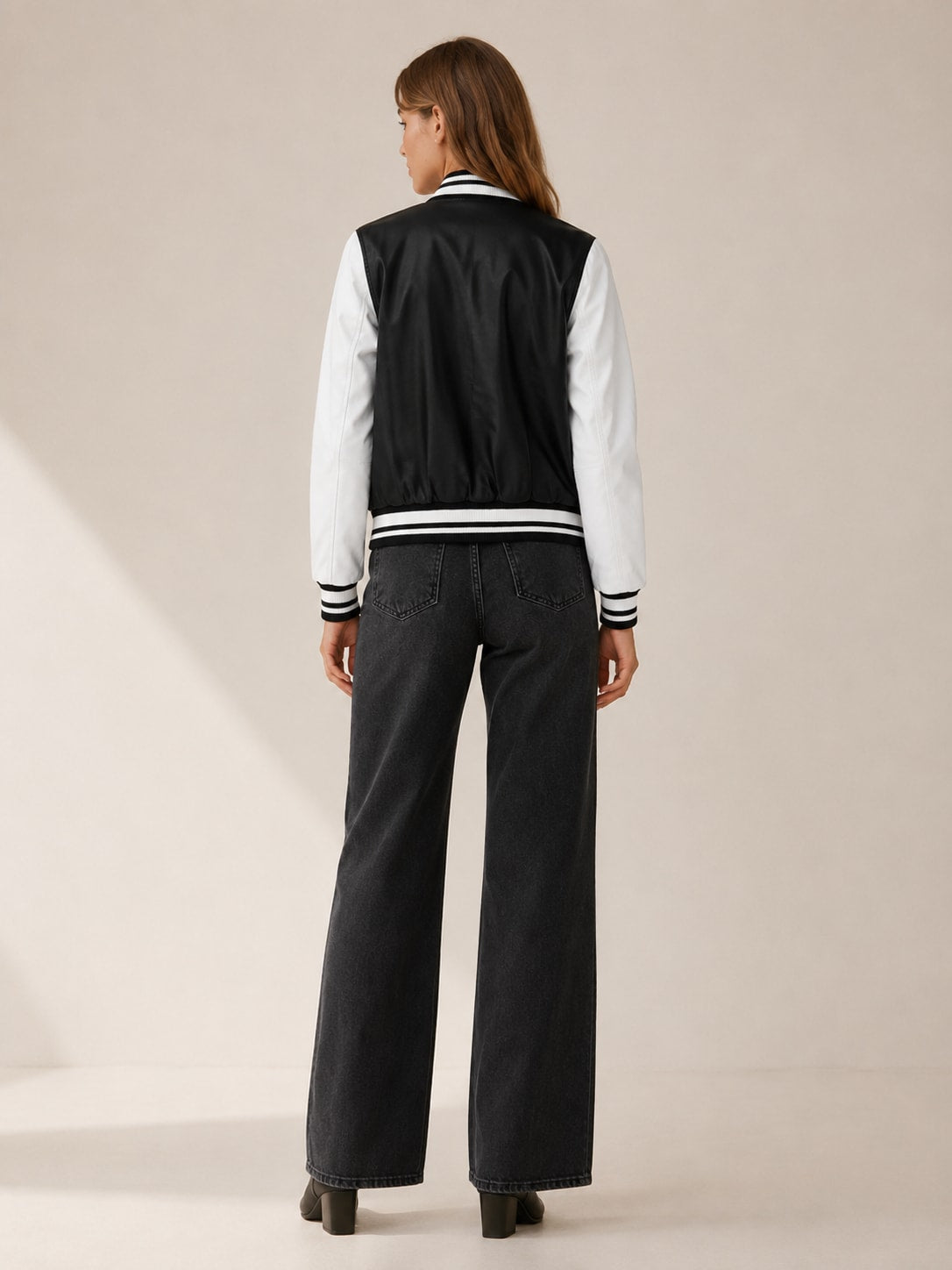 Women's Varsity Bomber Jacket with Contrast Sleeves | Ava Bennett_2