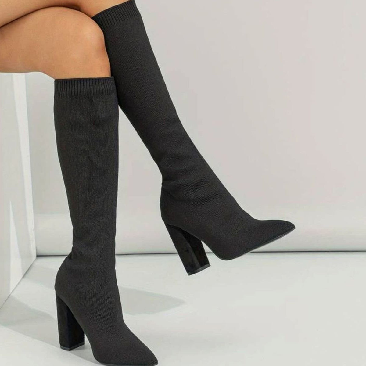 Women's Ribbed Knit Block Heel Sock Boots | Elizabeth_2