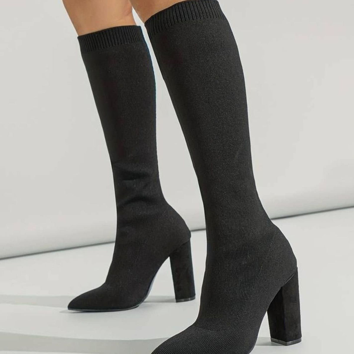 Women's Ribbed Knit Block Heel Sock Boots | Elizabeth_4