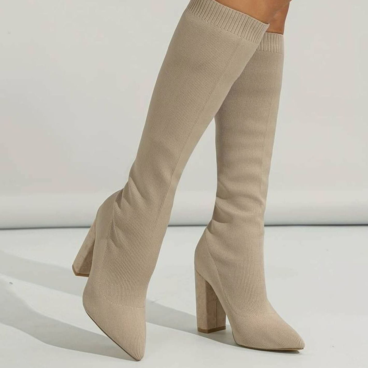 Women's Ribbed Knit Block Heel Sock Boots | Elizabeth_8