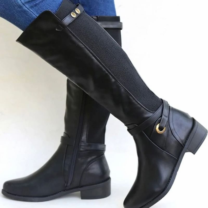 Women's Faux Leather Stretch Panel Knee-High Boots | Eva_1