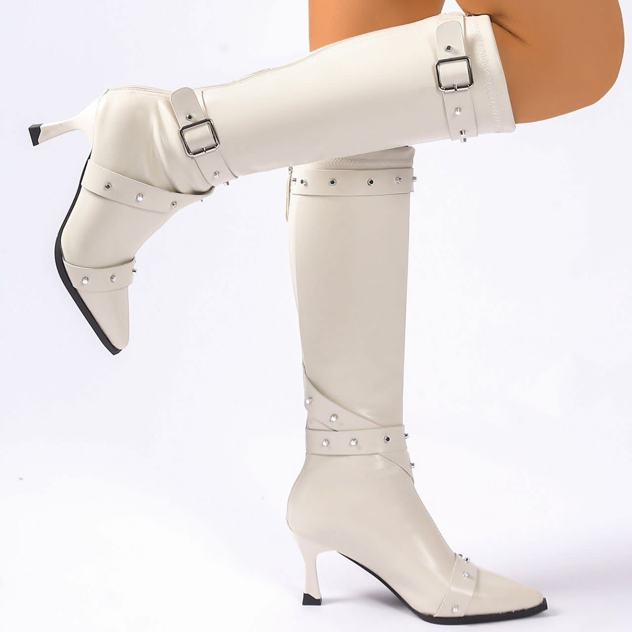 Women's Faux Leather Studded Knee High Boots | Della_9