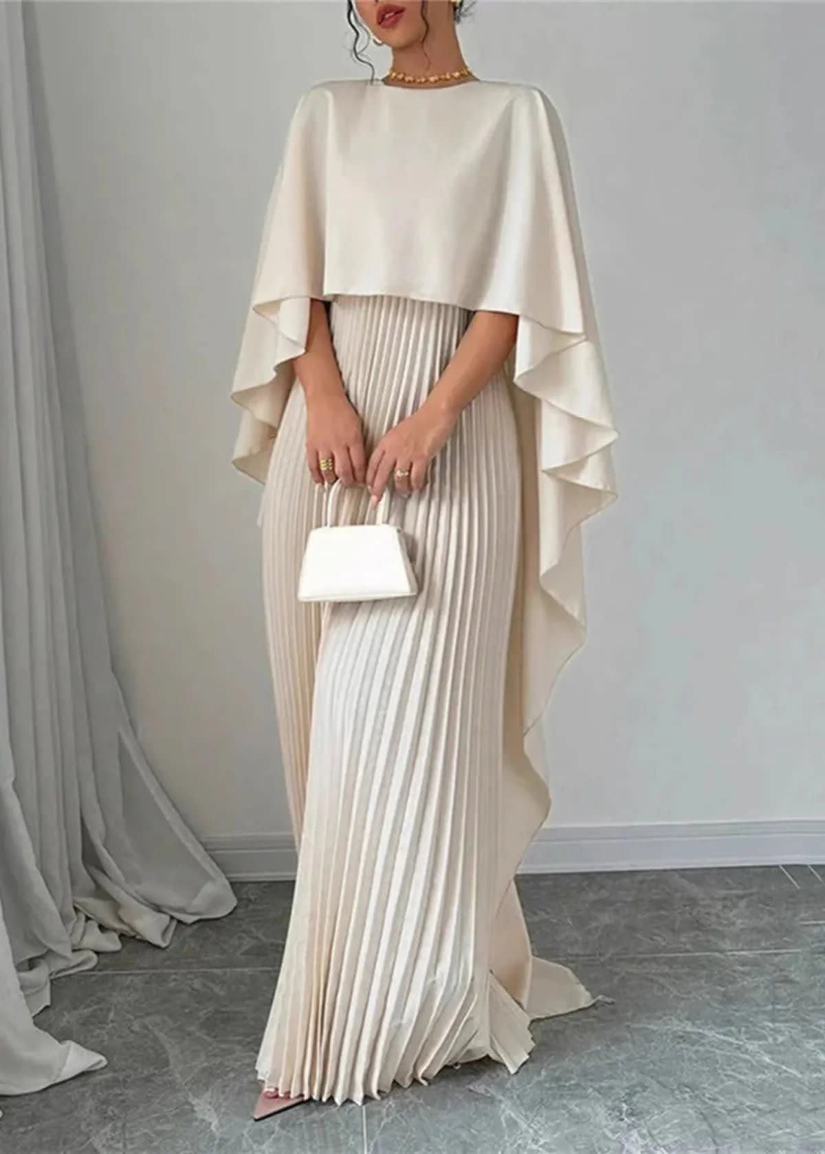 Women's Pleated Cape Wedding Guest Maxi Dress | Christina_3