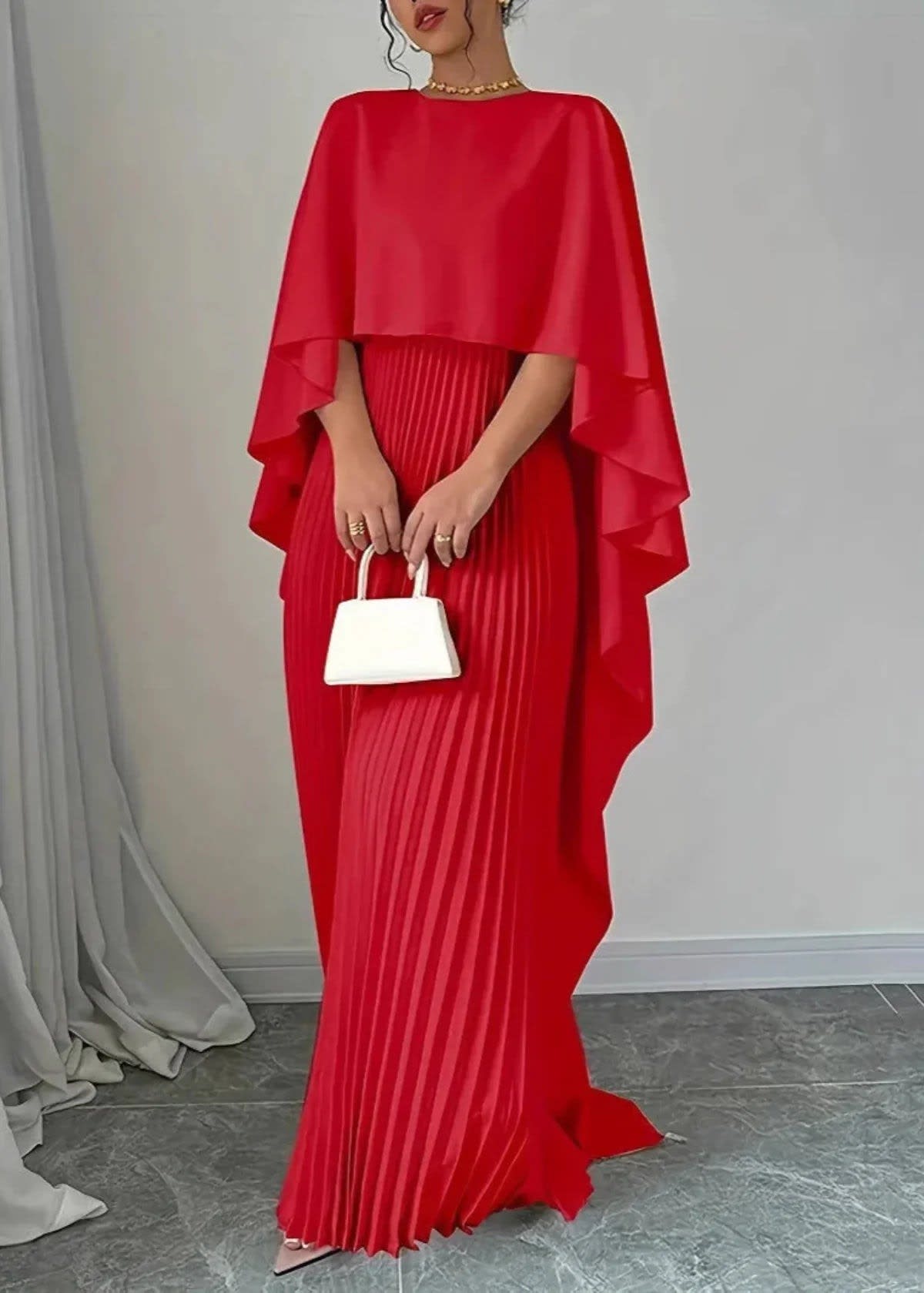 Women's Pleated Cape Wedding Guest Maxi Dress | Christina_4