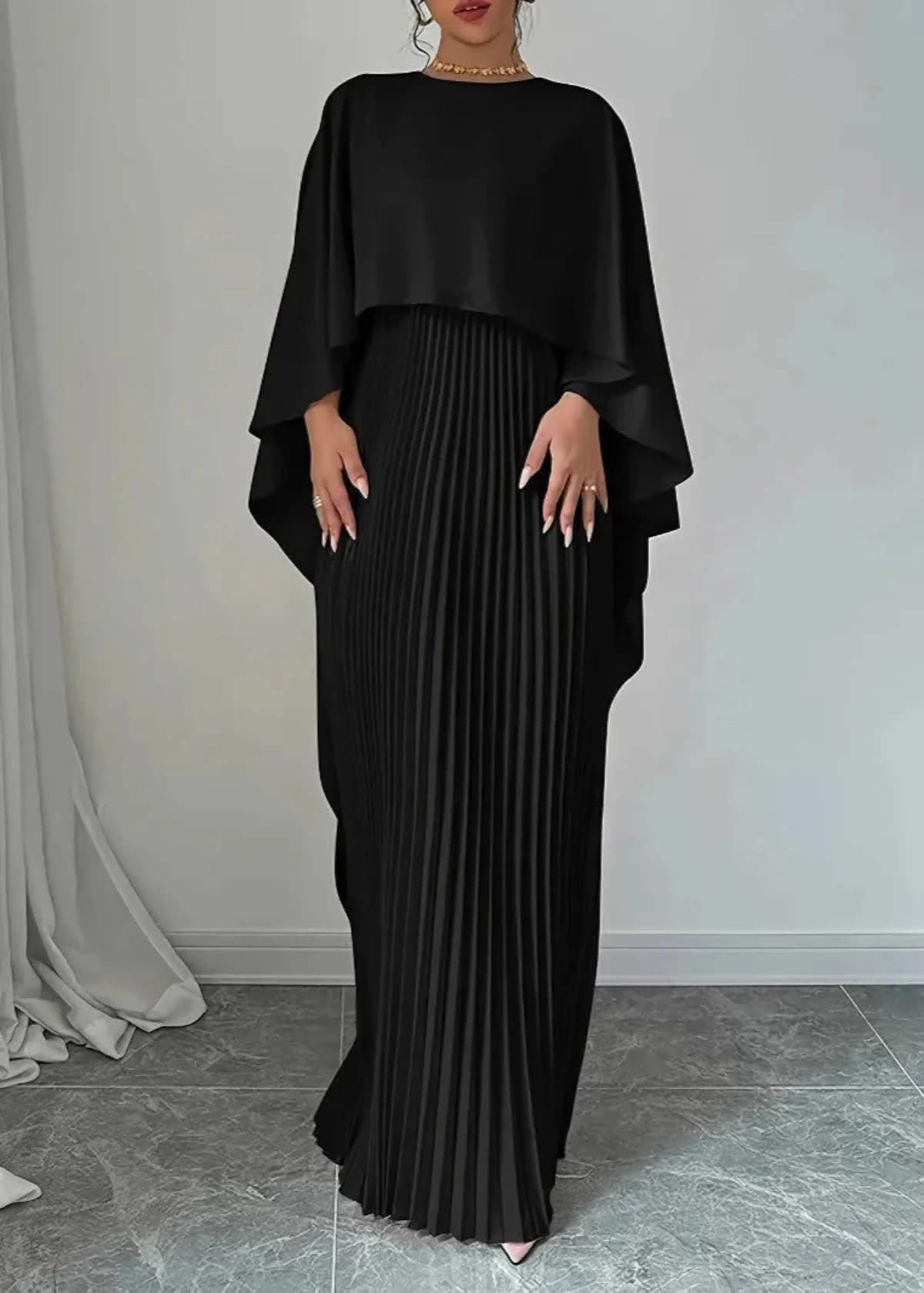 Women's Pleated Cape Wedding Guest Maxi Dress | Christina_5