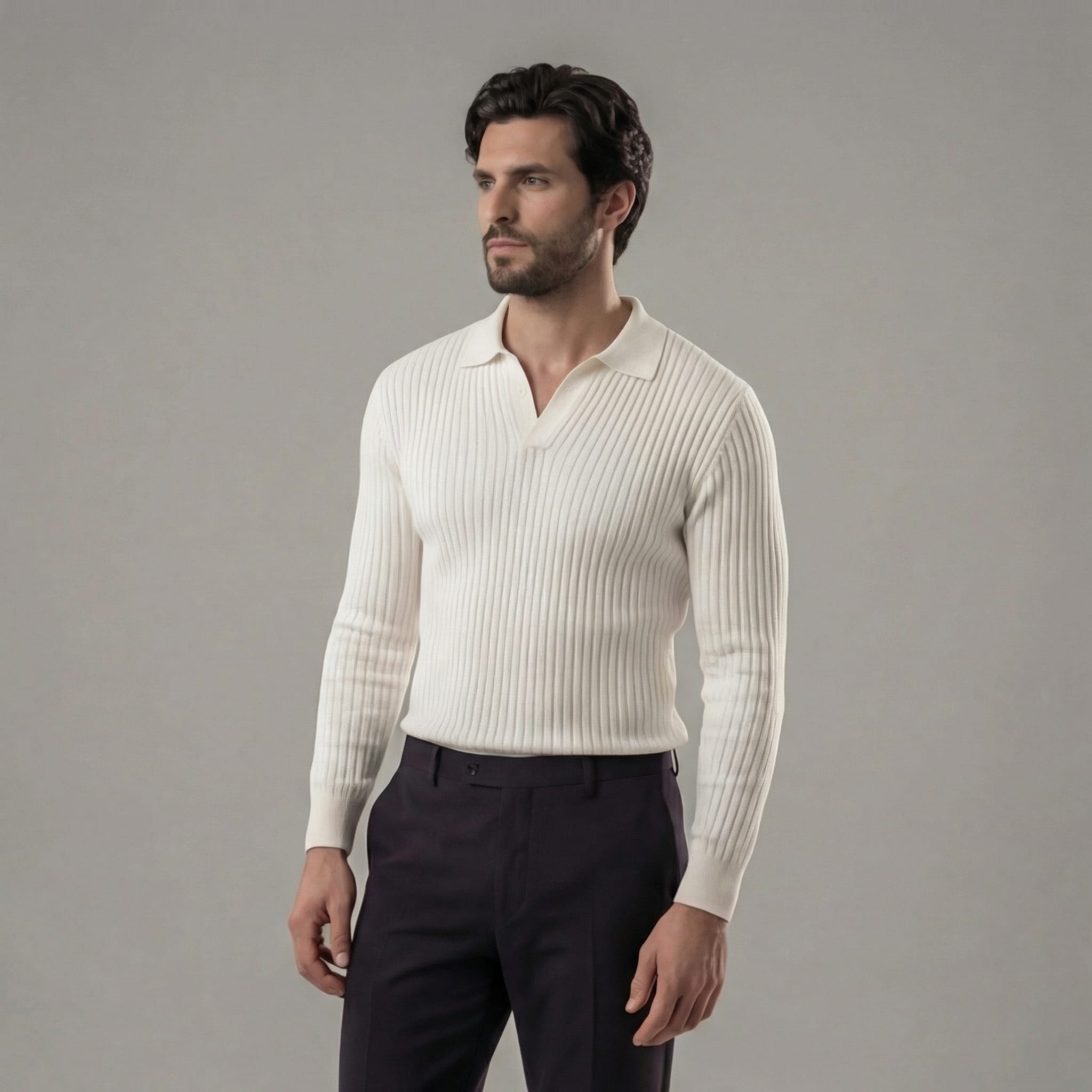 Men's Ribbed Long Sleeve Polo Shirt | Iain_5