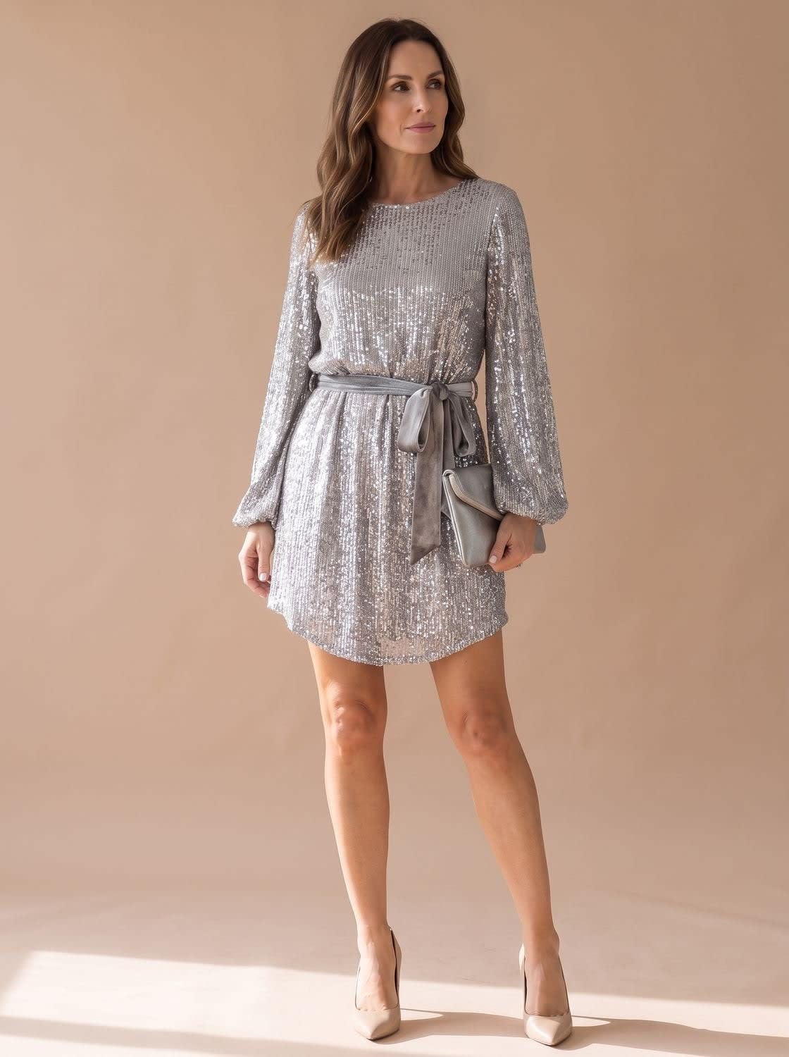 Women's Belted Sequin Christmas Party Mini Dress | Cameron_4