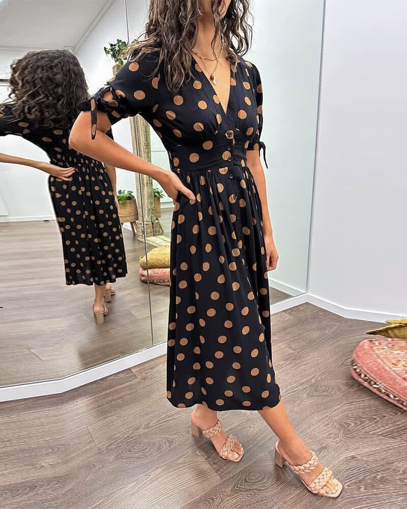 Women's Polka Dot V-Neck Midi Dress | Violet_3