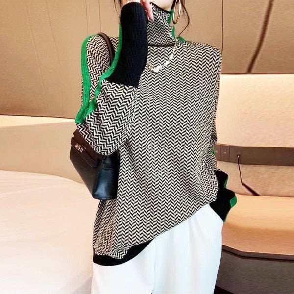 Women's Contrast Stripe Turtleneck Jumper | Nia_5