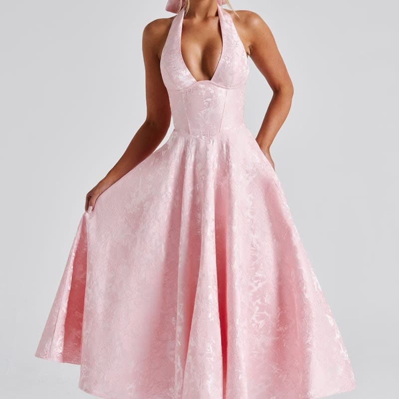 Women's Halter Neck Wedding Guest Midi Dress with Corset Back | Hailey Thompson_1