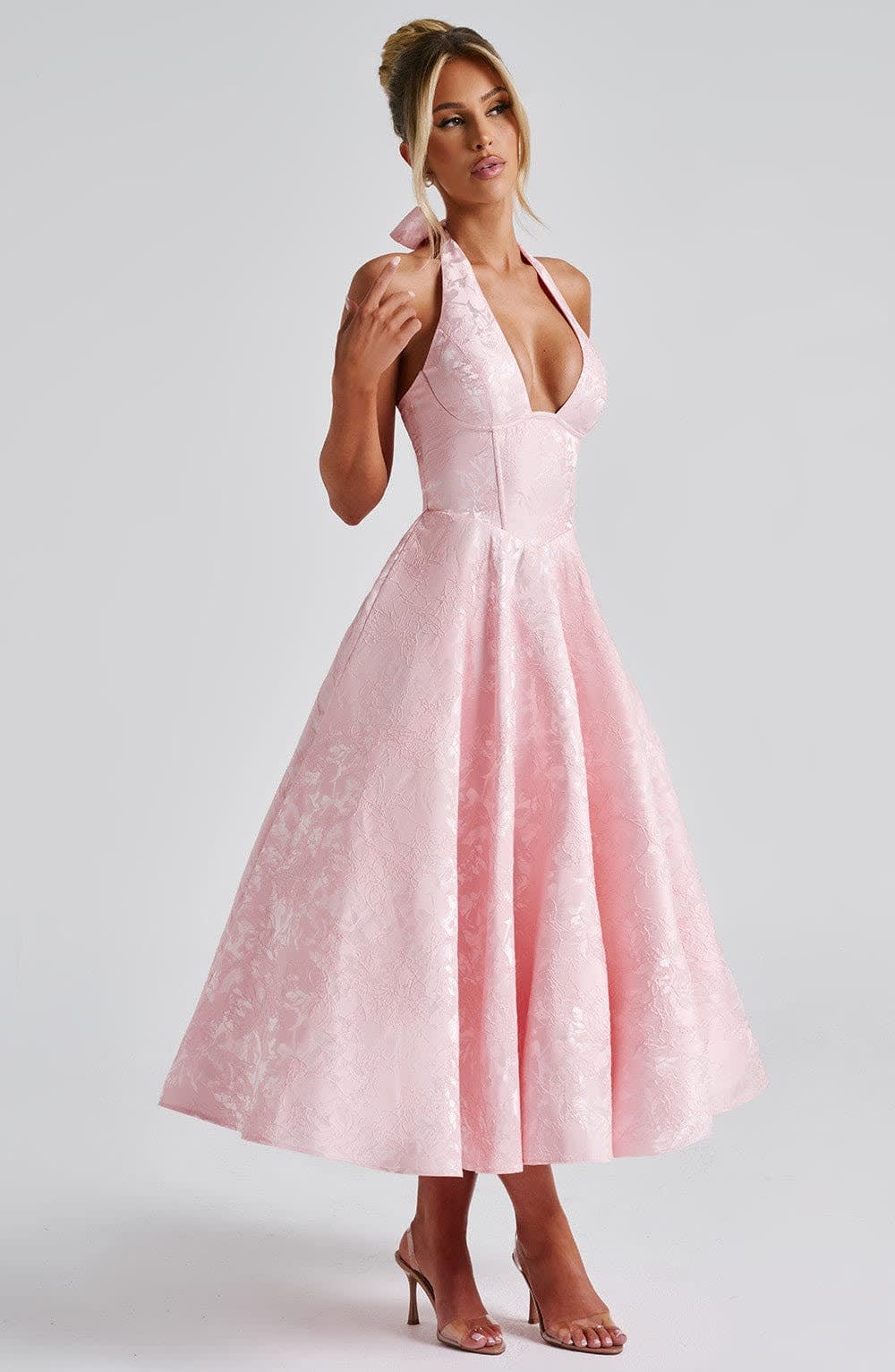 Women's Halter Neck Wedding Guest Midi Dress with Corset Back | Hailey Thompson_2