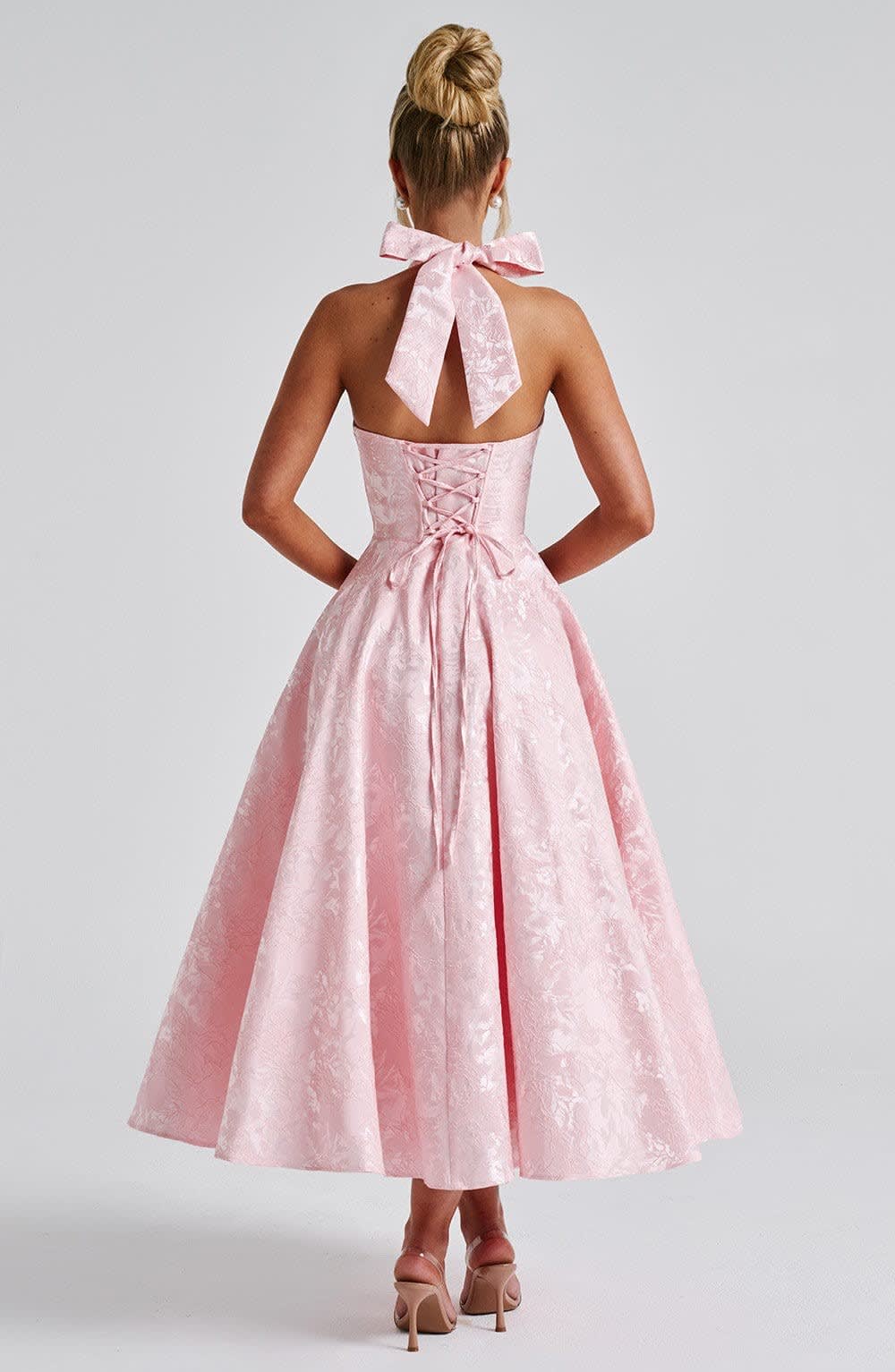 Women's Halter Neck Wedding Guest Midi Dress with Corset Back | Hailey Thompson_3