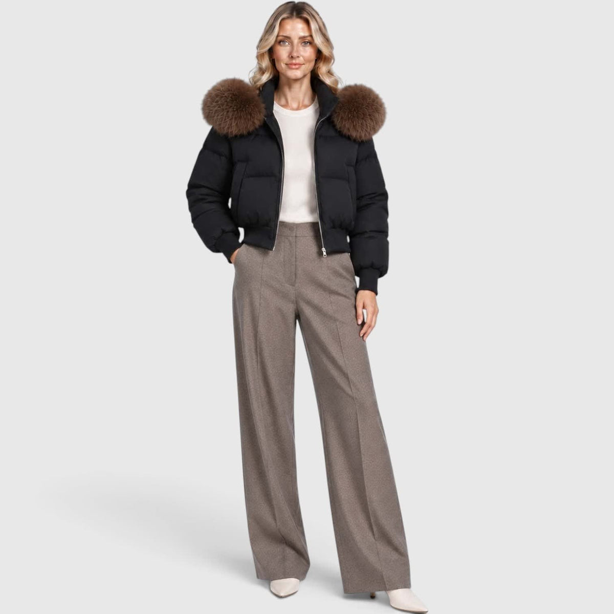 Women's Cropped Puffer Jacket With Fur Trim Hood | Polly_10