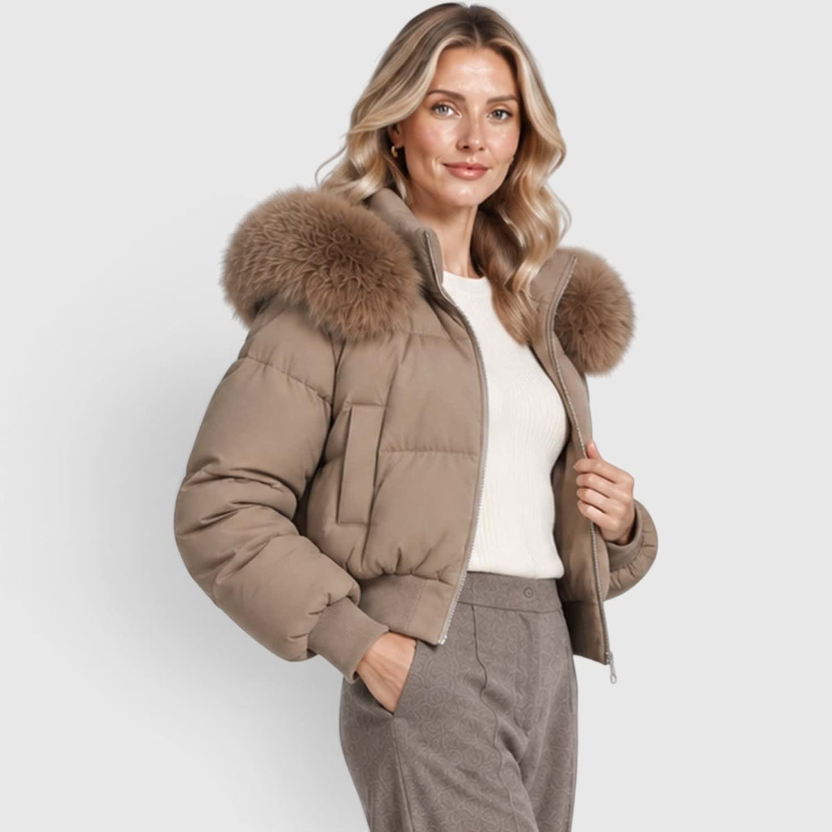 Women's Cropped Puffer Jacket With Fur Trim Hood | Polly_14