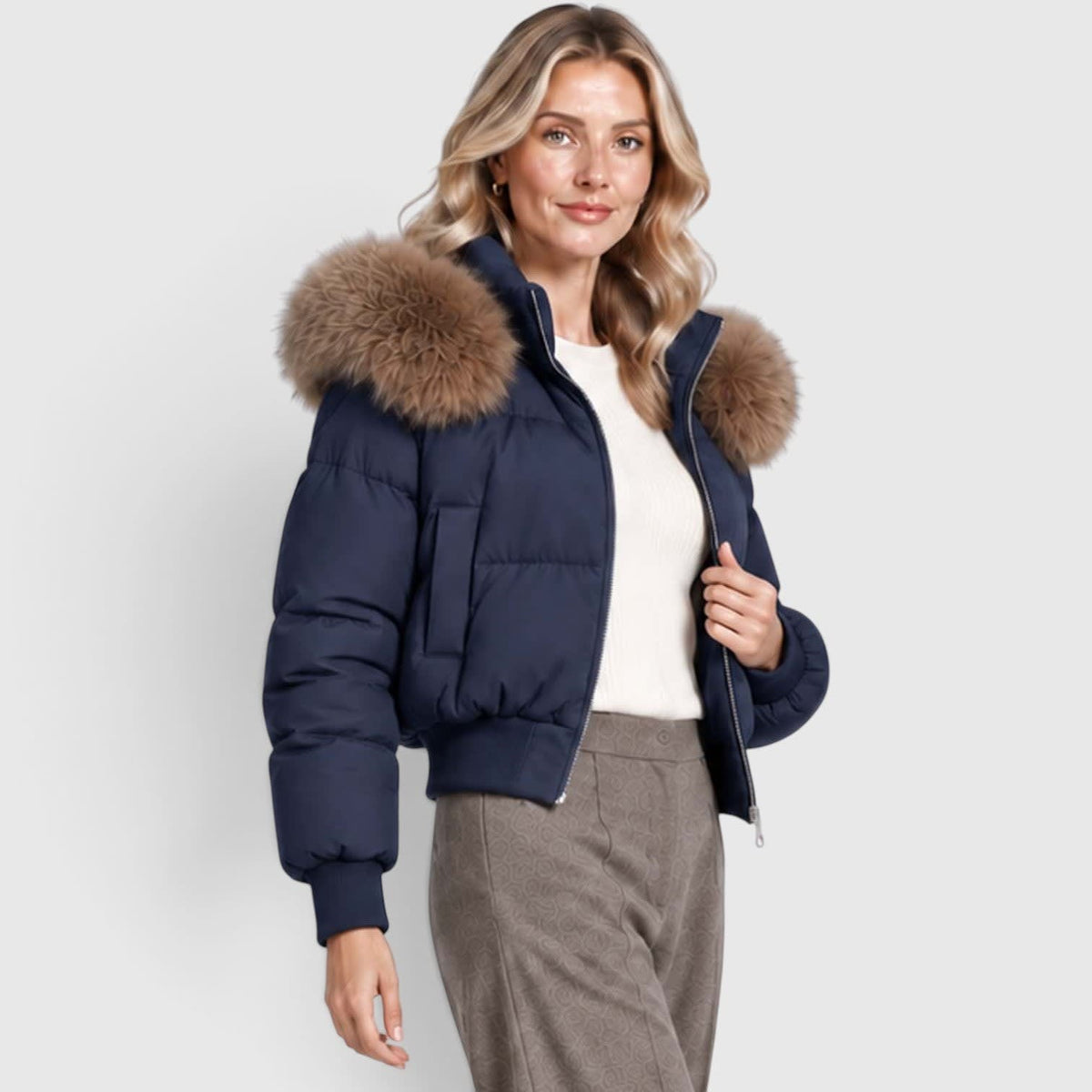 Women's Cropped Puffer Jacket With Fur Trim Hood | Polly_2