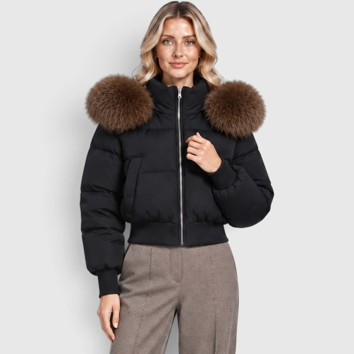 Women's Cropped Puffer Jacket With Fur Trim Hood | Polly_7