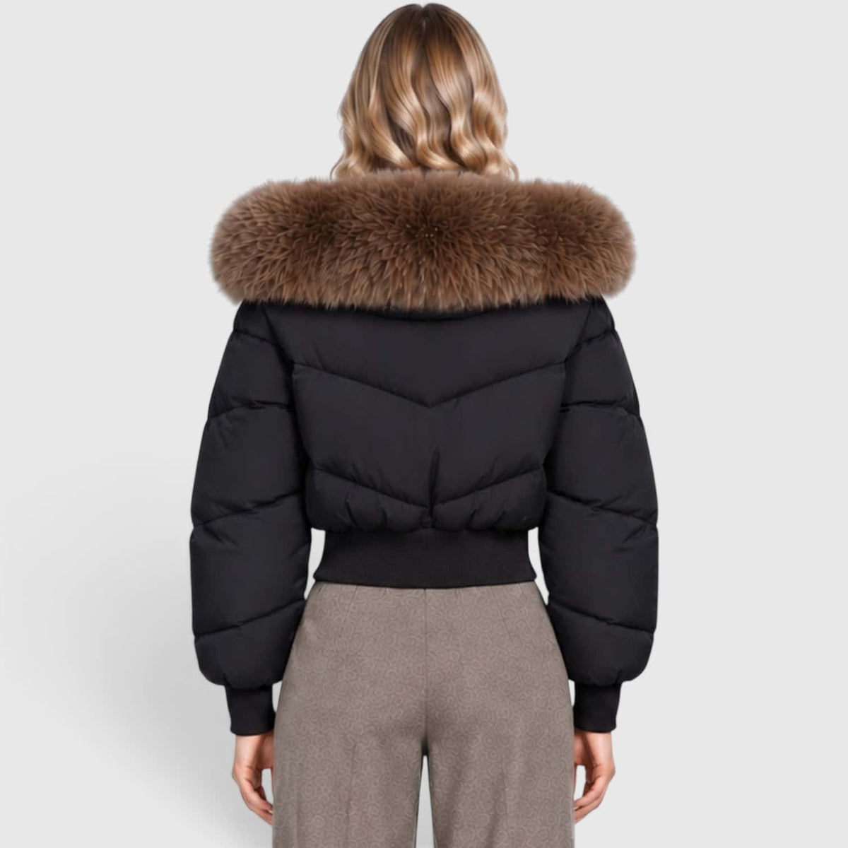 Women's Cropped Puffer Jacket With Fur Trim Hood | Polly_9