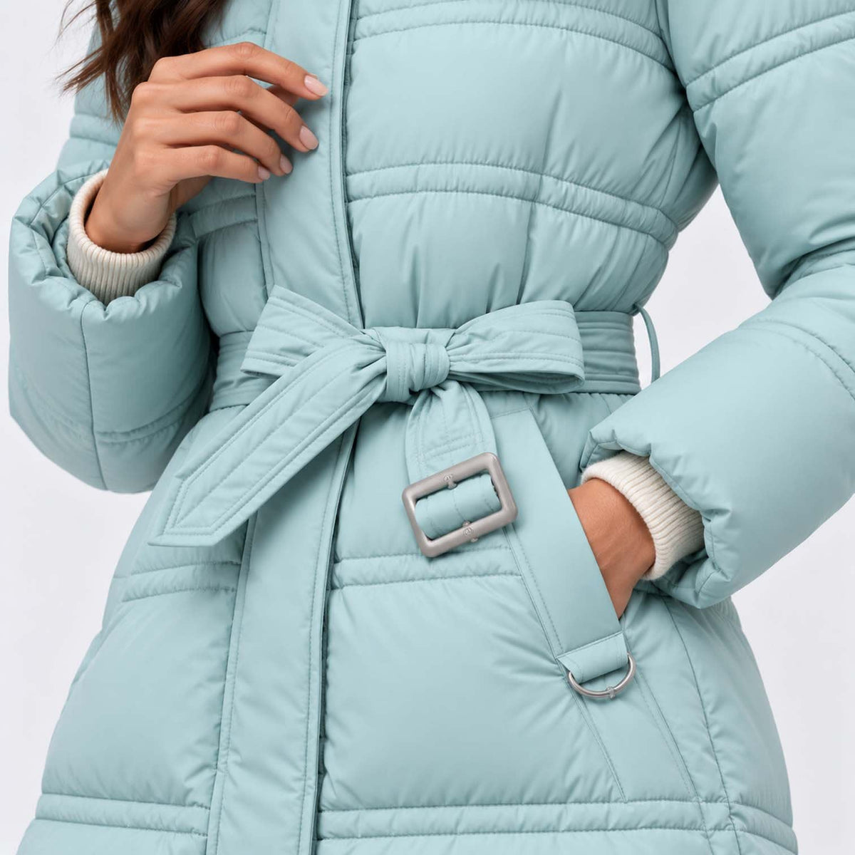 Women's Long Belted Puffer Coat With Fur Trim Hood | Nadine_15